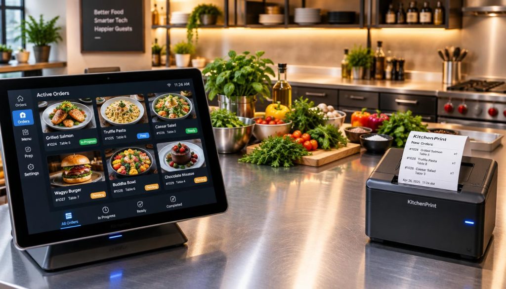A modern kitchen space featuring a sleek, high-tech kitchen display system and a compact kitchen printer on opposite sides of a stainless steel countertop. In the foreground, the kitchen display screen shows vibrant images of dishes, with touch controls illuminated, while the kitchen printer is compact, showcasing neatly printed orders. In the middle ground, various fresh ingredients like herbs and vegetables are arranged artfully, highlighting the integration of technology in food preparation. The background consists of stylish cabinetry and warm, ambient lighting creating a welcoming atmosphere. Shot from a slightly elevated angle, the scene is bright and professional, evoking a sense of efficiency and innovation in culinary operations.