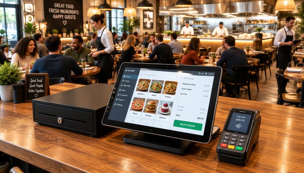 A modern restaurant POS hardware setup prominently displayed on a sleek wooden counter in a bustling eatery. In the foreground, a stylish touchscreen tablet with an intuitive interface, surrounded by a cash drawer and a card processing terminal. The middle ground features a vivid dining area with tables and chairs occupied by diverse patrons enjoying their meals, with visible waitstaff in professional attire attending to customers. In the background, a well-lit kitchen is partially visible, with chefs preparing food. Bright, warm lighting creates a welcoming atmosphere, while the camera angle is slightly elevated, capturing the dynamic scene from a diagonal perspective. Emphasize a blend of technology and hospitality, showcasing an efficient and friendly front-of-house service environment.
