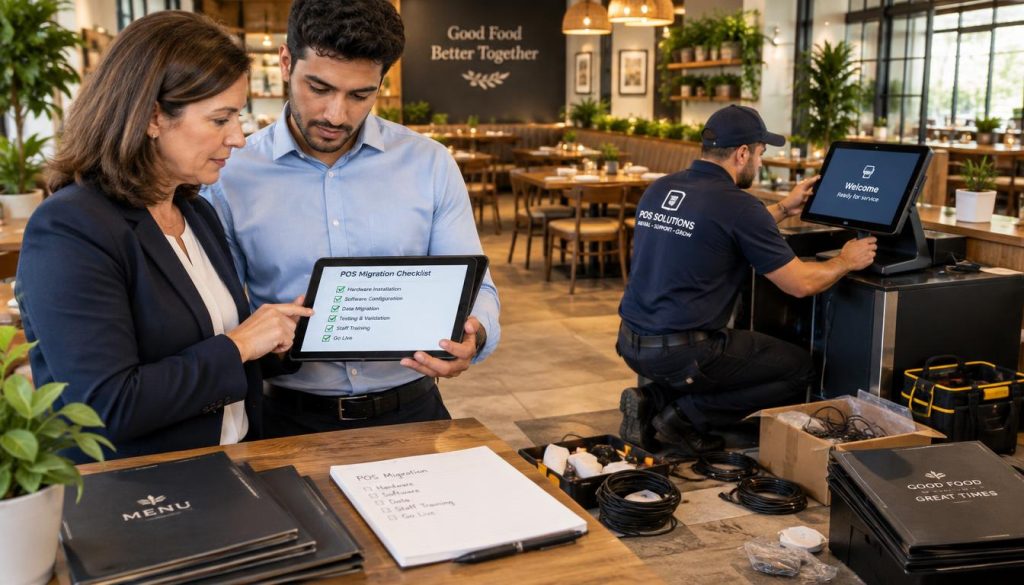 A modern restaurant interior showcasing a team of diverse professionals engaged in the transition of their POS systems. In the foreground, two businesspeople, one a middle-aged woman in a smart blazer and the other a young man in a neat shirt, are reviewing a checklist on a tablet, their expressions focused and collaborative. In the middle ground, a sleek, modern POS terminal is being installed by a technician in a uniform, surrounded by scattered menus and cables, illustrating the migration process. The background features a warm, inviting dining area with soft lighting, wooden tables, and decorative plants, creating a welcoming atmosphere. The scene is well-lit, emphasizing the dedication and teamwork involved in upgrading technology in a restaurant setting. A modern restaurant interior showcasing a team of diverse professionals engaged in the transition of their POS systems. In the foreground, two businesspeople, one a middle-aged woman in a smart blazer and the other a young man in a neat shirt, are reviewing a checklist on a tablet, their expressions focused and collaborative. In the middle ground, a sleek, modern POS terminal is being installed by a technician in a uniform, surrounded by scattered menus and cables, illustrating the migration process. The background features a warm, inviting dining area with soft lighting, wooden tables, and decorative plants, creating a welcoming atmosphere. The scene is well-lit, emphasizing the dedication and teamwork involved in upgrading technology in a restaurant setting.