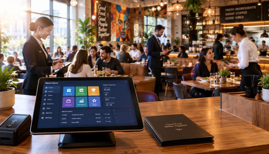 A modern restaurant interior showcasing advanced point of sale (POS) integrations. In the foreground, a sleek tablet-style POS system on a stylish wooden counter displays various restaurant management features. The middle ground features a busy café scene with customers enjoying their meals, while staff in professional business attire interact with both customers and the POS systems. In the background, walls adorned with vibrant art and ambient lighting create a warm, inviting atmosphere. A subtle lens flare from a large window enhances the bright, welcoming feel. The image captures a dynamic, efficient dining experience, emphasizing the importance of technology in modern restaurant operations. The overall mood is lively yet professional, highlighting the integration of technology in hospitality.