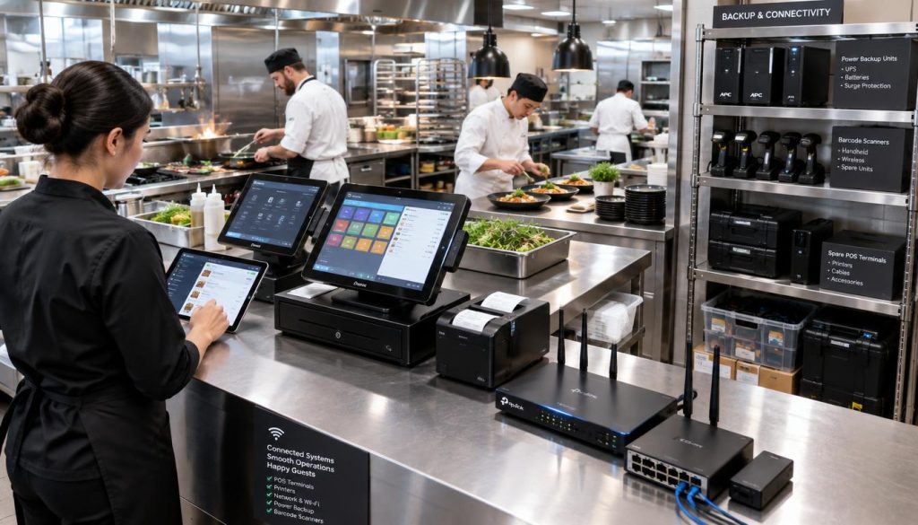 A modern restaurant kitchen featuring a variety of hospitality POS equipment, including sleek touchscreen terminals, high-tech printers, and networking routers prominently displayed on a stainless steel countertop. In the foreground, a staff member in professional attire is assembling orders with a tablet in hand, showcasing connectivity equipment. The middle ground reveals a busy kitchen atmosphere with chefs in white uniforms, cooking, and garnishing dishes, emphasizing teamwork. The background shows a well-organized storage area with backup equipment, such as power backup units and barcode scanners on shelves. The lighting is bright and professional, creating a clean and efficient vibe, captured from a slightly elevated angle to provide depth and perspective. The overall mood conveys efficiency and preparedness in preventing service delays.