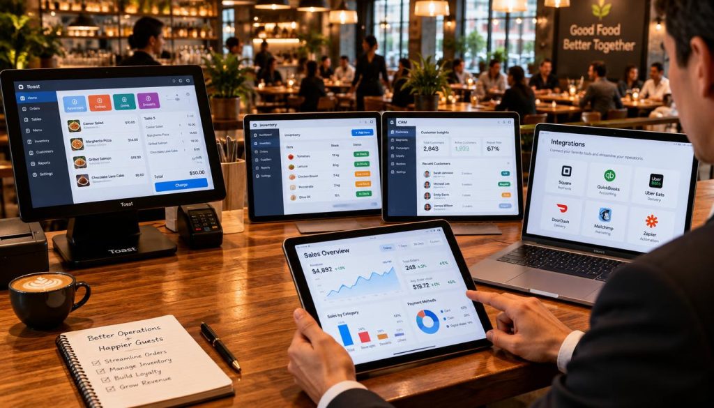 A modern restaurant tech workspace featuring a sleek Point of Sale (POS) system on a polished wooden counter. In the foreground, a professional wearing business attire is interacting with a tablet, analyzing sales data, while a laptop displays software integrations on the screen. In the middle, various restaurant management tools such as inventory software and customer relationship management systems are neatly arranged, showcasing their interfaces. The background includes a vibrant dining area with ambient lighting, giving a lively yet professional atmosphere. Capture the scene from a slight angle, with warm lighting highlighting the devices and creating a welcoming, efficient ambiance that suggests technology enhances restaurant operations.