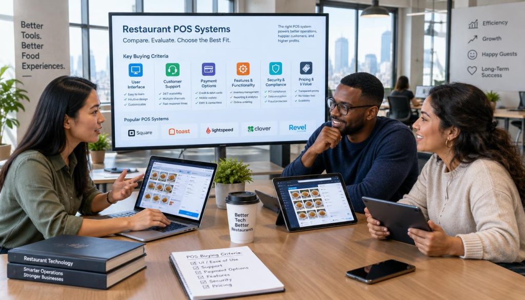 A professional, modern office space with a focus on restaurant technology comparison. In the foreground, a diverse group of three business professionals in smart casual attire, including a woman of Asian descent, a man of African descent, and a woman of Hispanic descent, gathered around a sleek table with laptops and tablets displaying restaurant POS systems. In the middle, a large digital screen shows various features and criteria for comparing POS systems like user interface, customer support, and payment options. The background features a contemporary office with large windows, soft natural light flooding the room, creating a productive atmosphere. The overall mood is informative and collaborative, highlighting the importance of practical buying criteria in the decision-making process for restaurant POS systems.