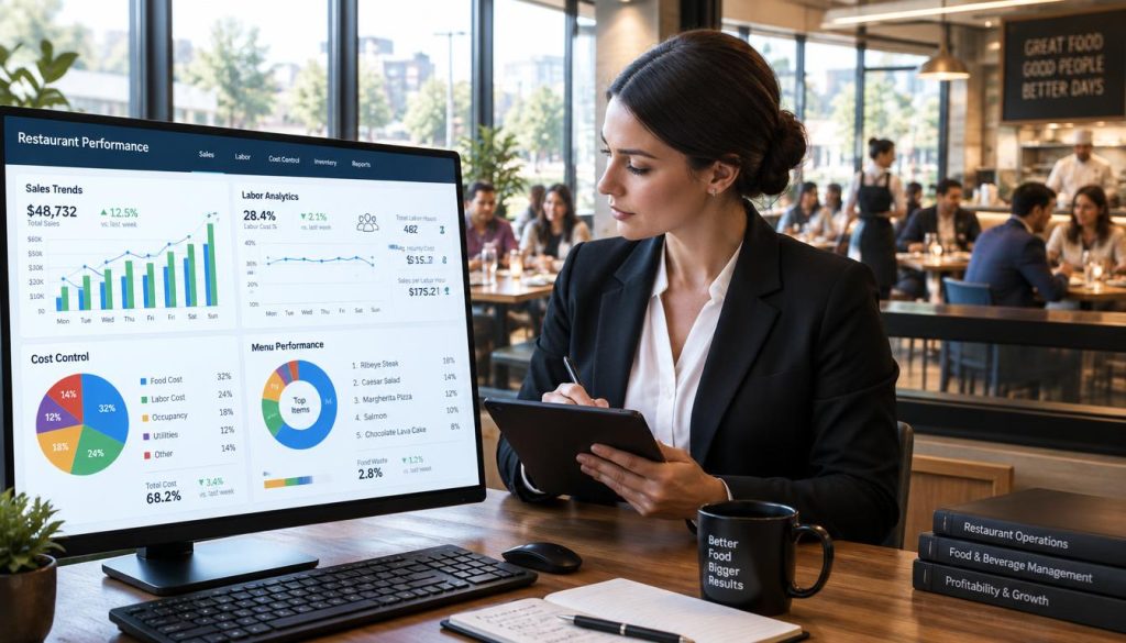 A sophisticated restaurant reporting system in a modern office setting. In the foreground, a sleek computer screen displays colorful graphs and charts, showcasing sales trends and labor analytics, balanced with visually appealing pie charts illustrating cost control metrics. In the middle, a focused restaurant manager, dressed in professional business attire, interacts with the data, taking notes on a digital tablet. The background features a large window revealing a bustling restaurant environment, with diners enjoying their meals. Soft natural lighting from the window creates a warm, inviting atmosphere, while a faint glow from the computer screen adds a tech-savvy feel. The overall mood is one of professionalism and clarity, emphasizing informed decision-making in the restaurant industry.