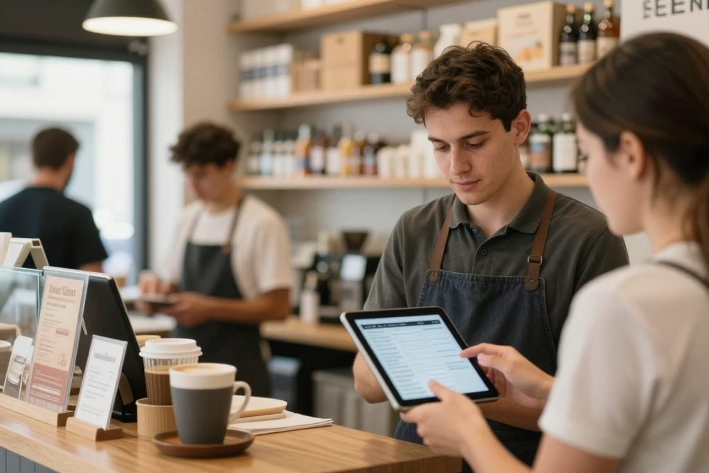 Australian café manager checking sales and stock details in back office software Australian café manager checking sales and stock details in back office software