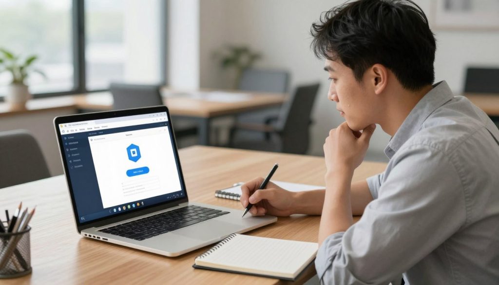 Business owner comparing hospitality software options on laptop