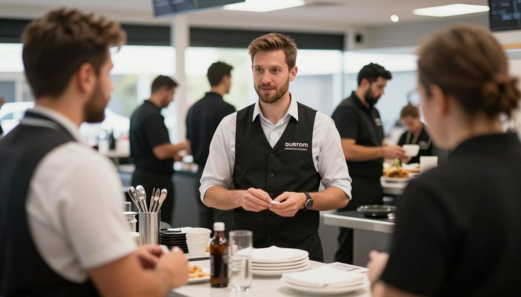 Busy hospitality venue manager coordinating staff