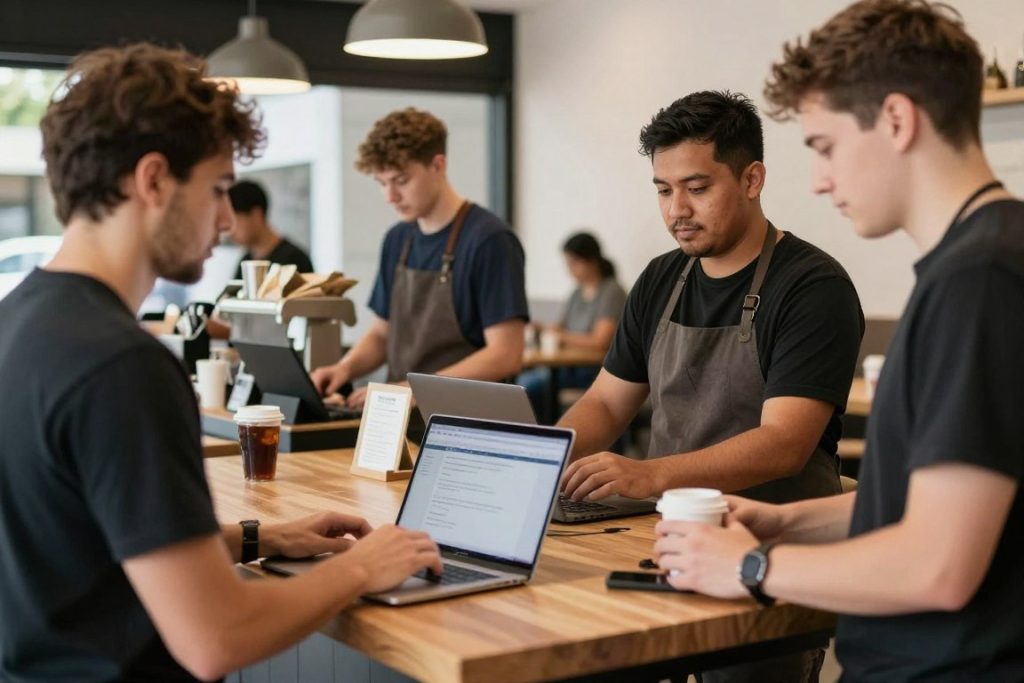 Café team managing online orders