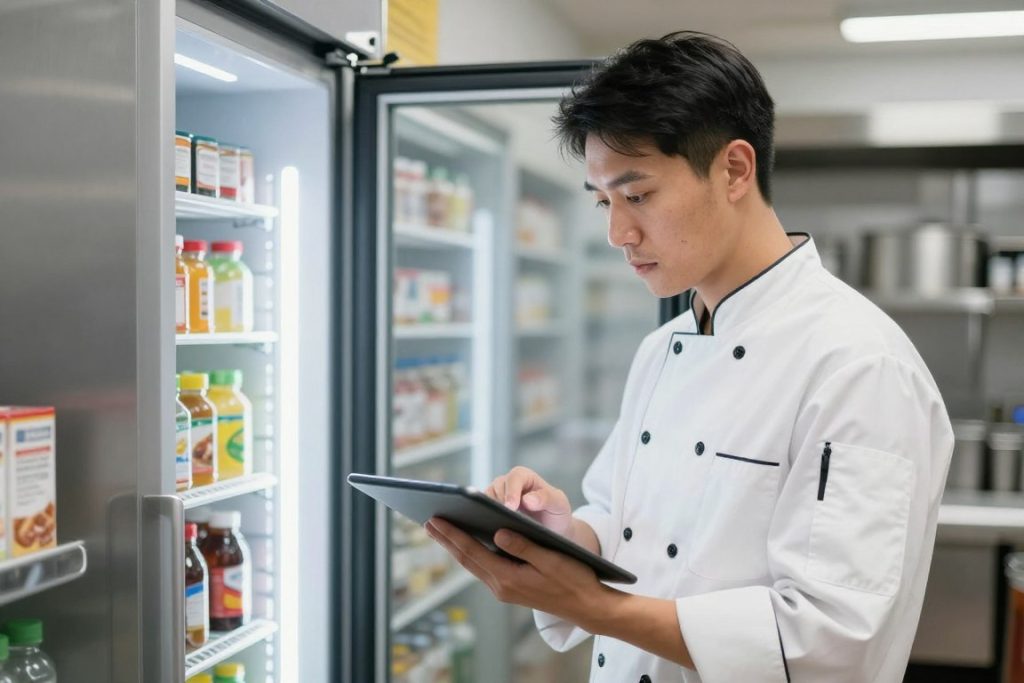 Chef manager conducting inventory count with digital tablet in walk-in cooler