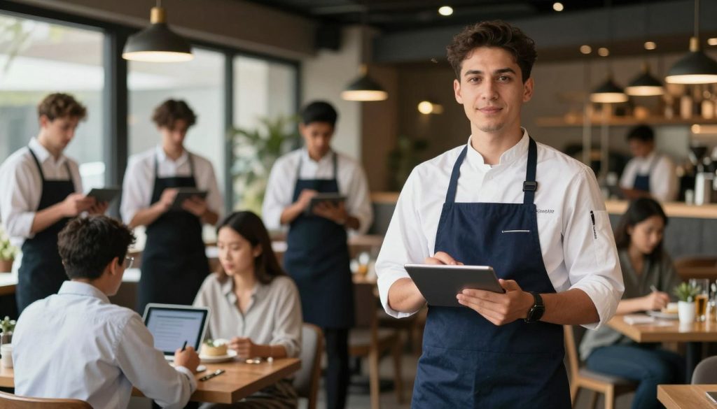 Confident business owner in successfully operating restaurant with technology