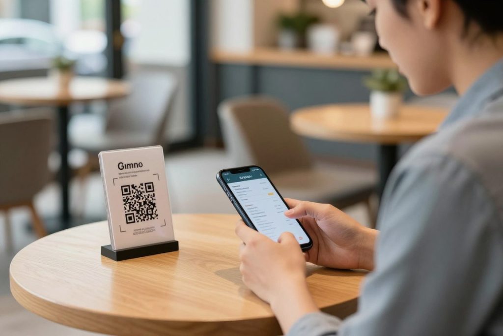 Customer using phone to scan QR code and place order at café table