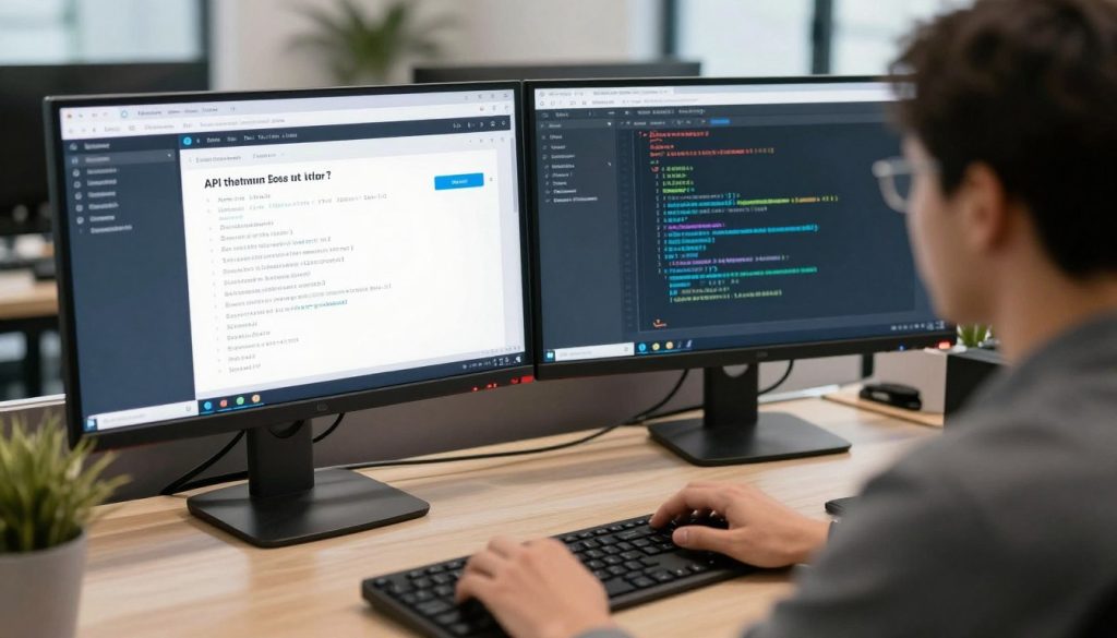 Developer reviewing API integration documentation on multiple screens