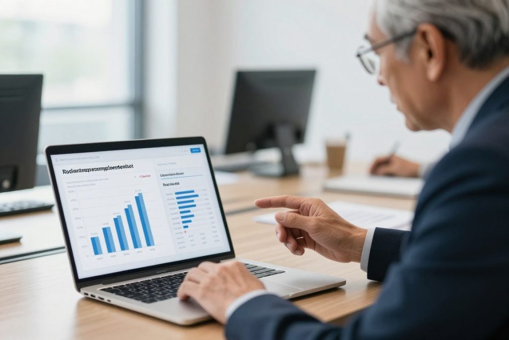 Executive reviewing software ROI analysis reports