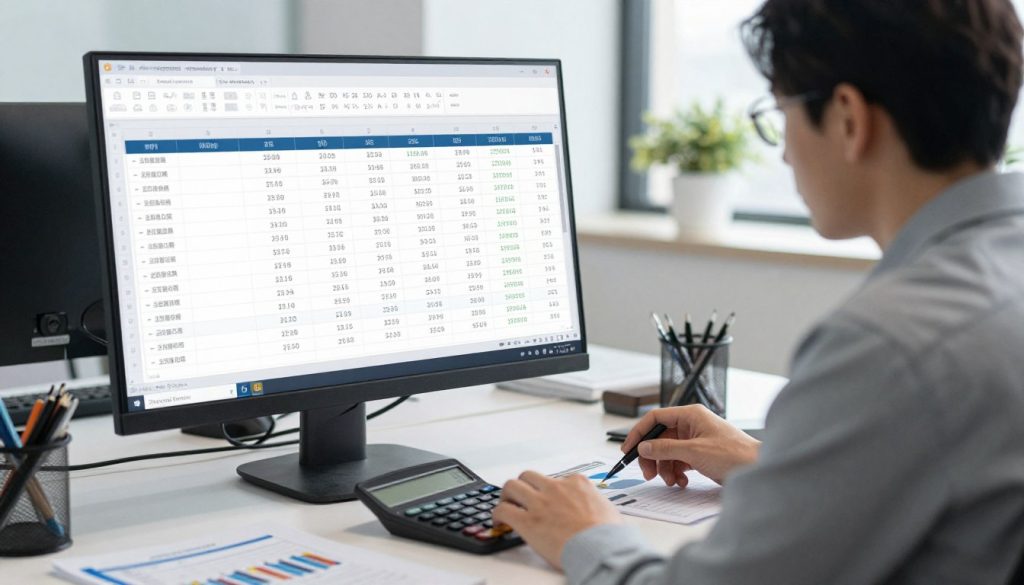 Financial analyst calculating software ROI on spreadsheet
