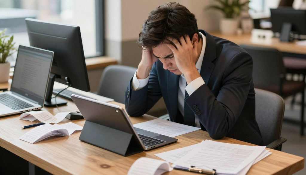 Frustrated café manager dealing with multiple disconnected systems and paperwork