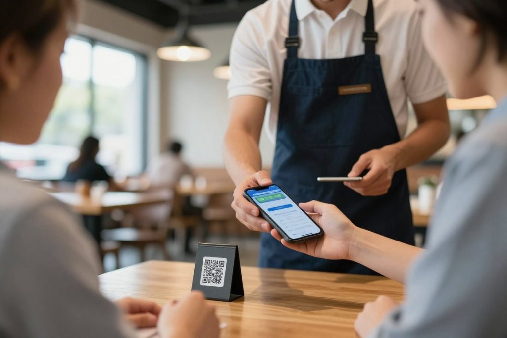 Guest using contactless payment and mobile ordering in restaurant