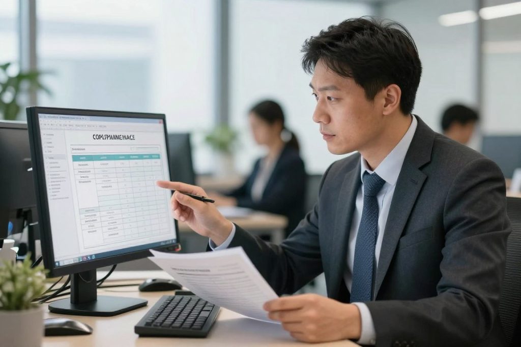 HR manager reviewing compliance reports on workforce management system