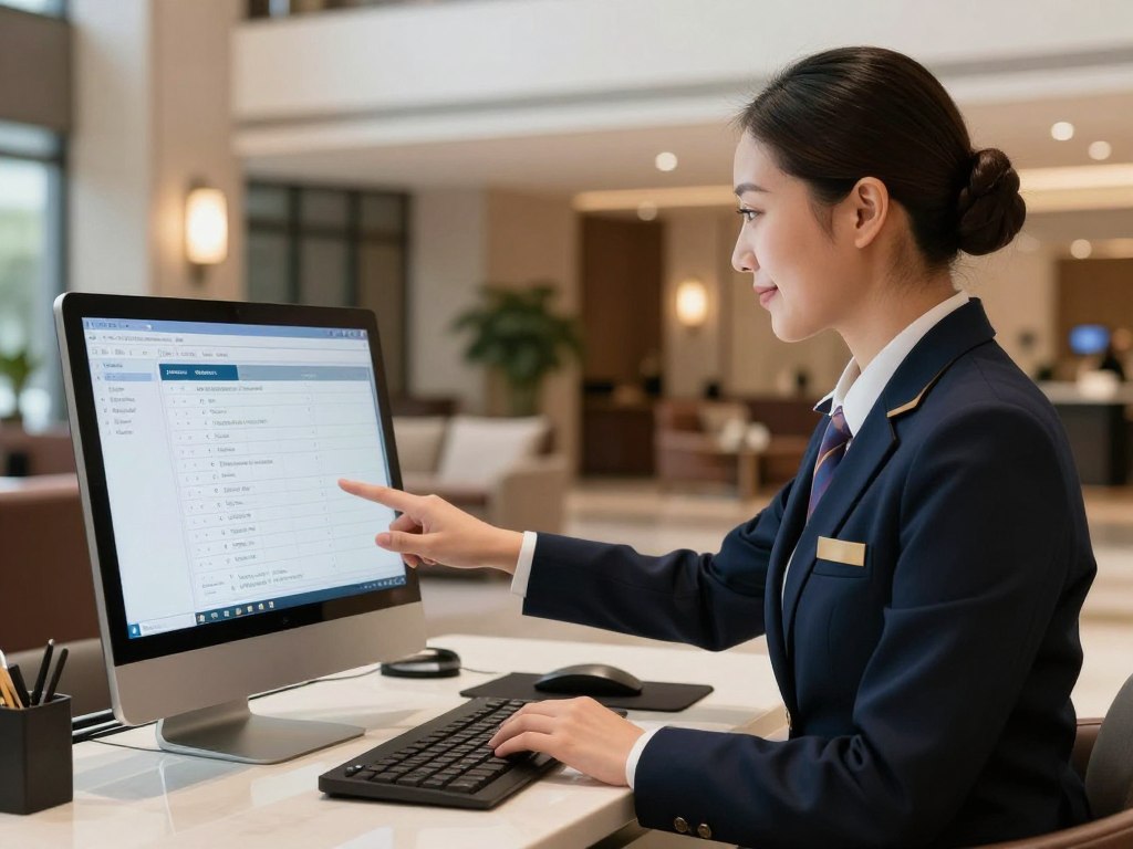 Hotel concierge accessing guest profile on CRM system
