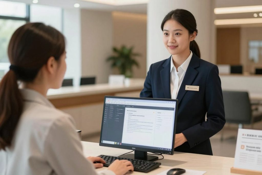 Hotel front desk staff using property management system software