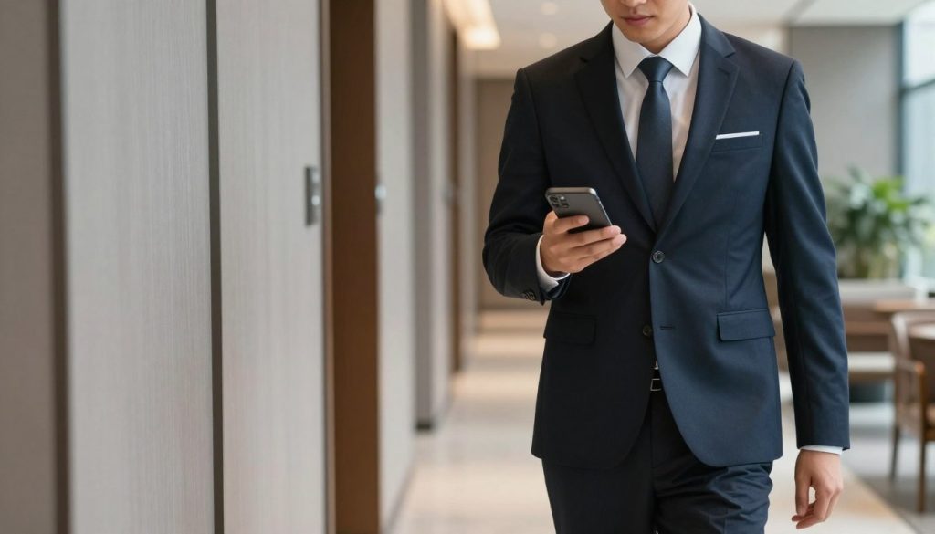 Hotel manager accessing cloud PMS on mobile device while walking through property