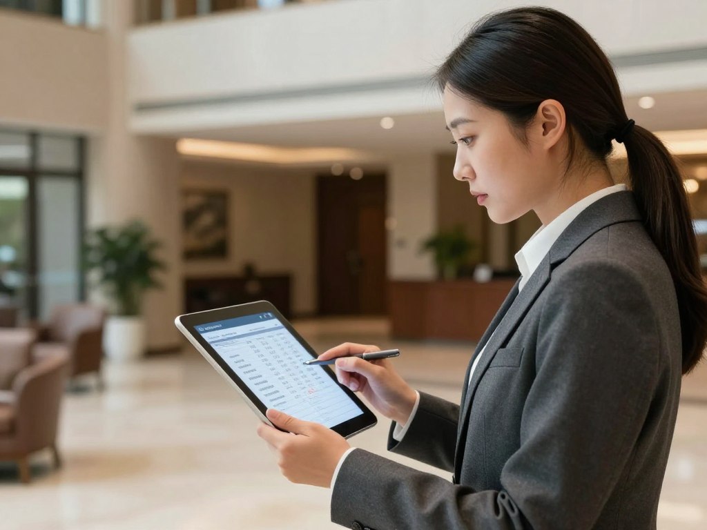 Hotel manager reviewing revenue management recommendations on tablet