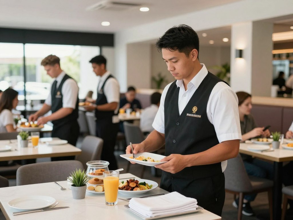Hotel restaurant manager checking busy service operations