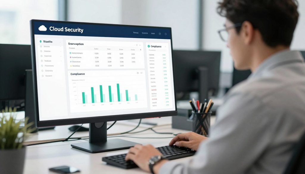 IT security professional reviewing cloud infrastructure security dashboard