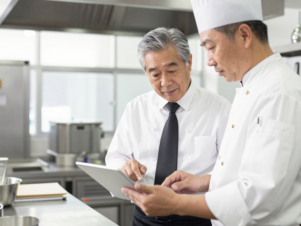 Kitchen manager reviewing food cost reports with chef