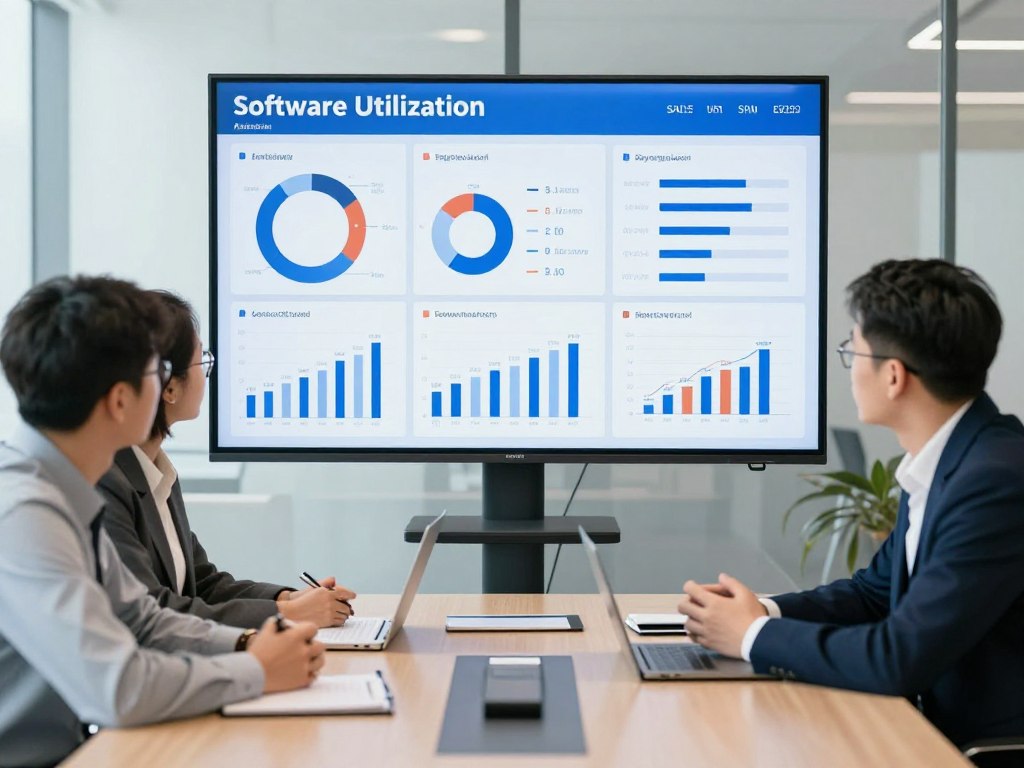 Management team reviewing quarterly software performance dashboard