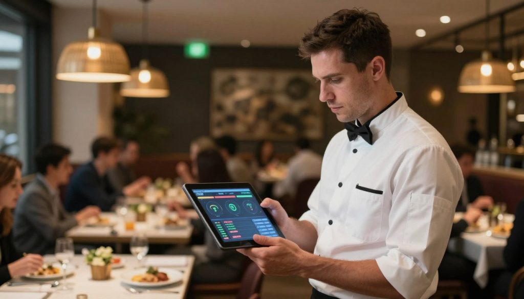 Manager monitoring real-time operational dashboard on tablet during service