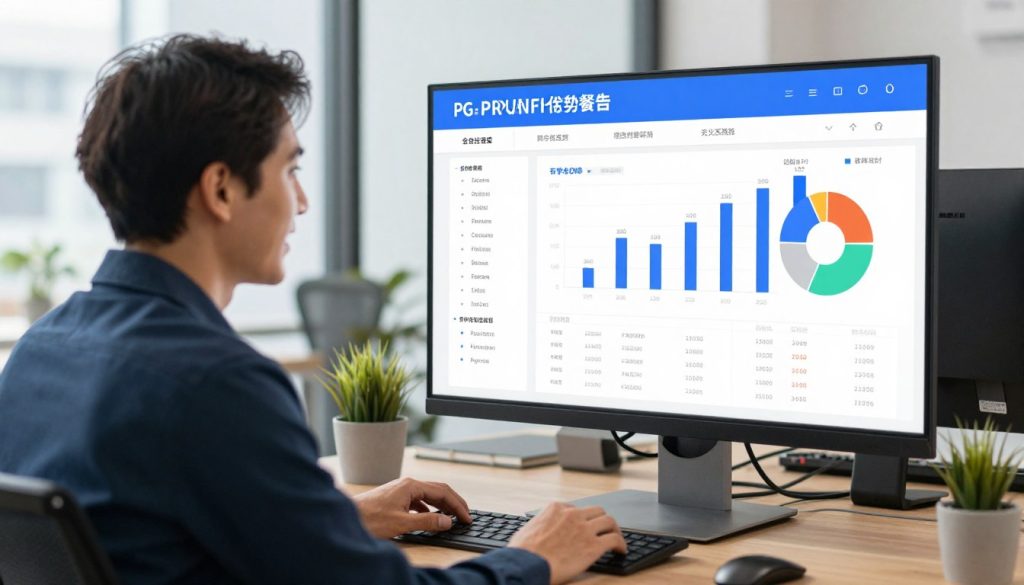 Manager reviewing software performance metrics after implementation