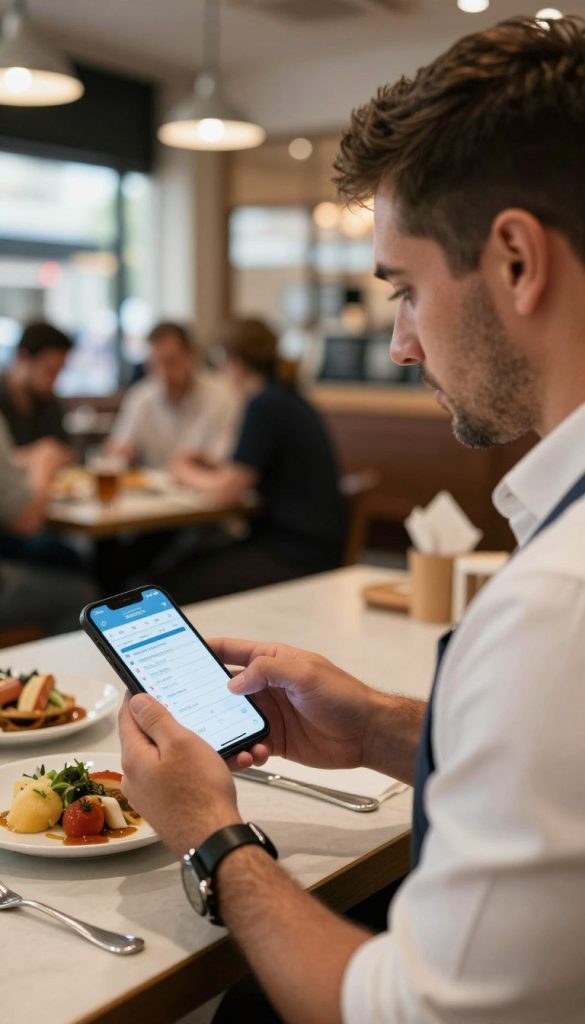 Manager using a mobile app during hospitality service