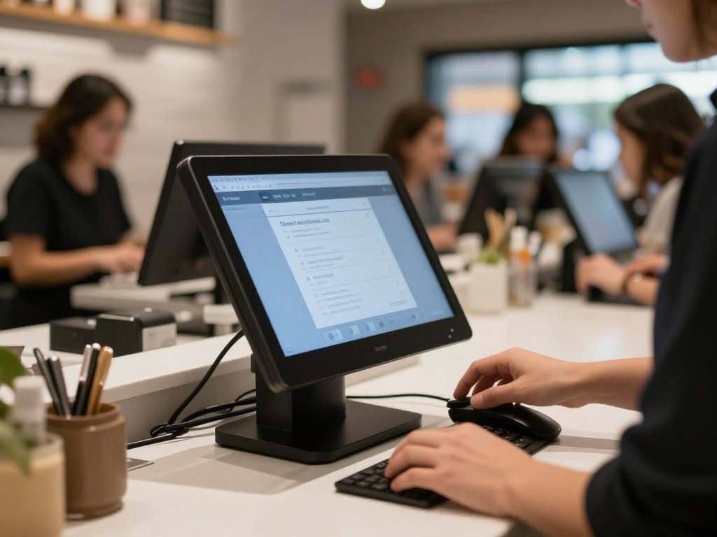 Modern POS system in use at busy restaurant counter