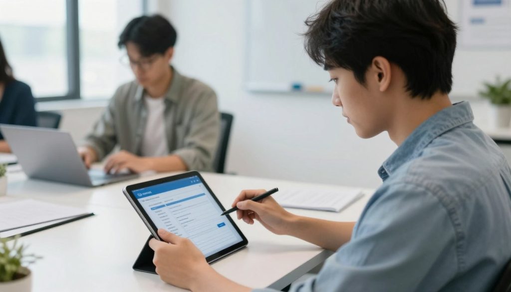 New hospitality employee completing digital onboarding on tablet