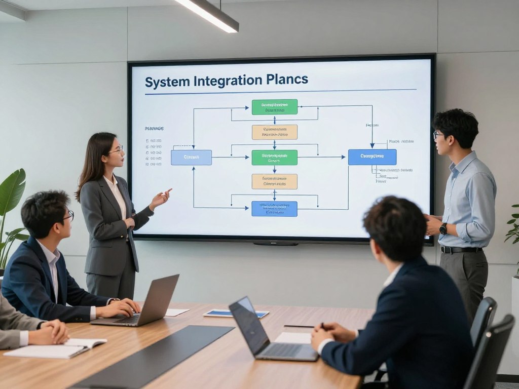Project team reviewing system integration implementation plan