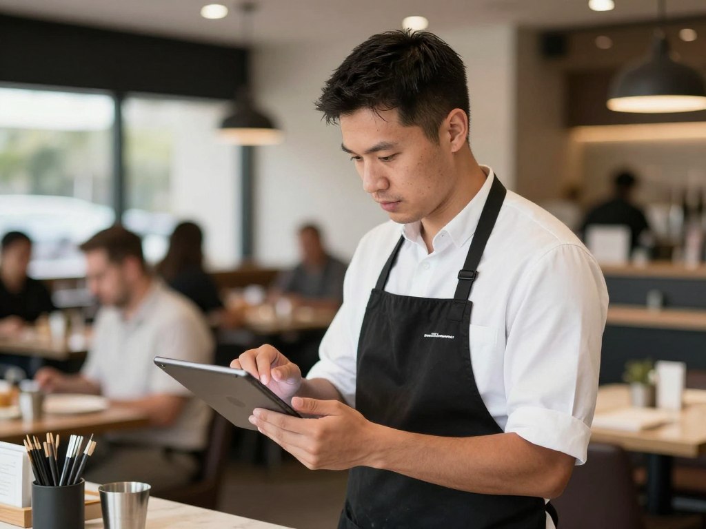 Restaurant manager checking implementation progress