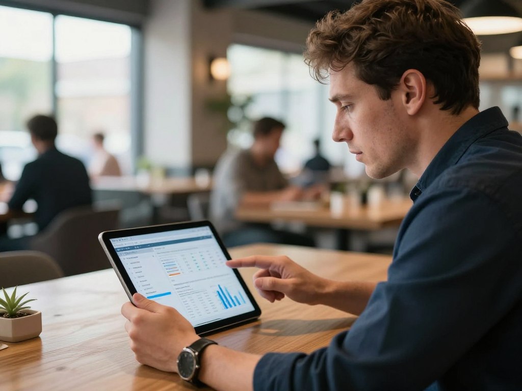 Restaurant manager reviewing AI-powered operational insights on tablet