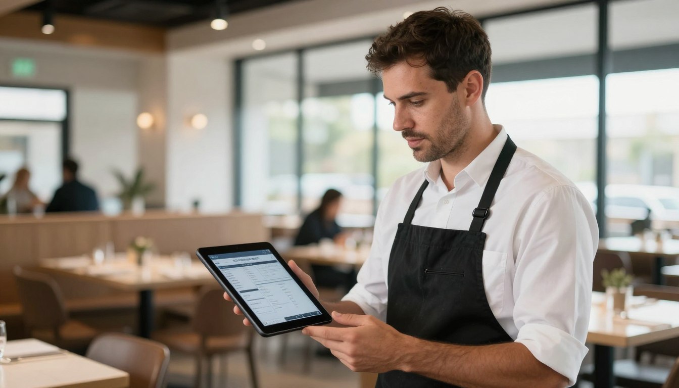 Restaurant manager reviewing hospitality software on tablet in modern Australian venue