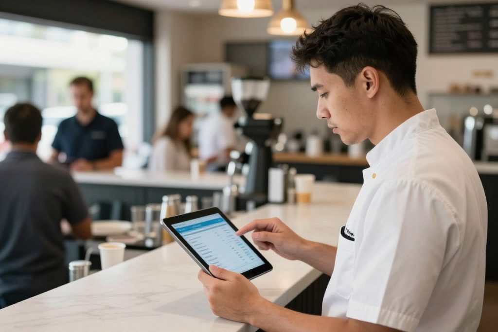 Restaurant operator reviewing management data