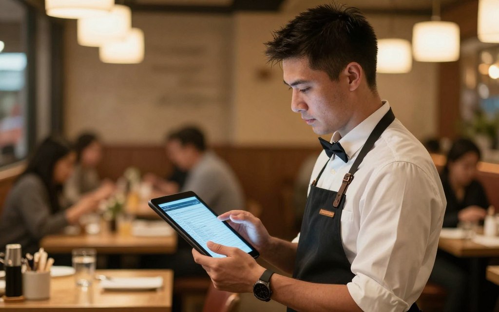 Restaurant operator reviewing service data