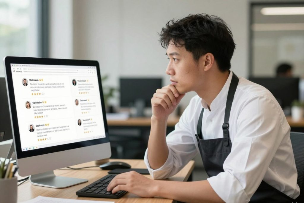 Restaurant owner responding to online reviews on multiple platforms