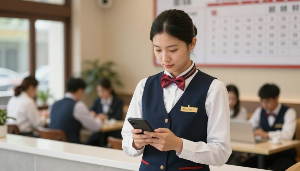Restaurant staff checking schedule on mobile phone
