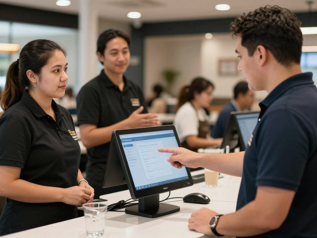 Restaurant staff learning a customer loyalty POS workflow