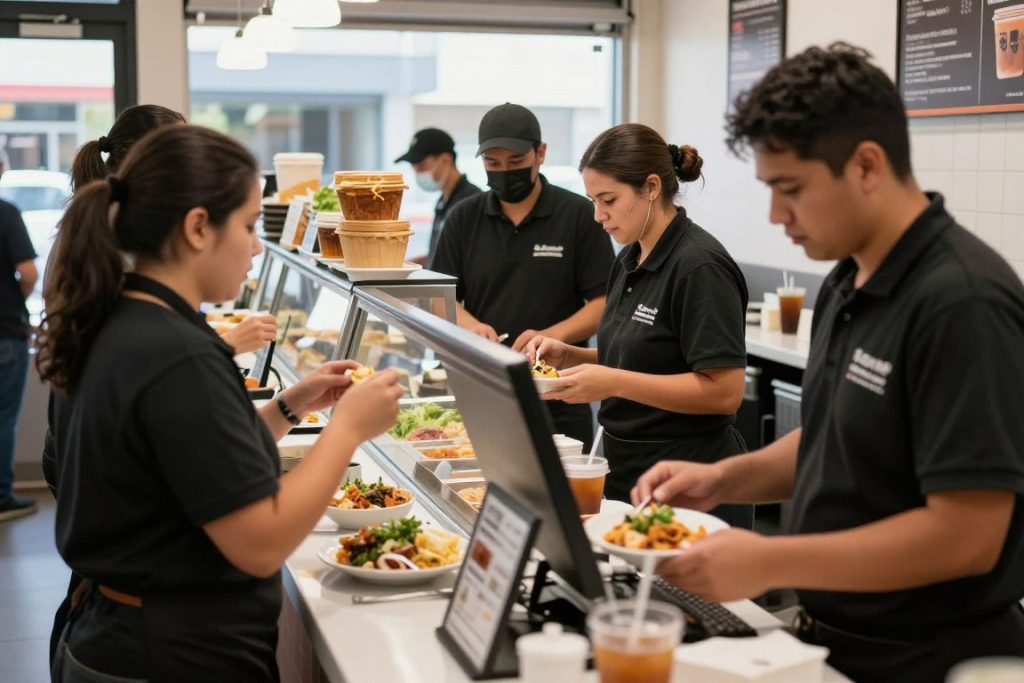 Restaurant staff managing takeaway ordering during a busy service