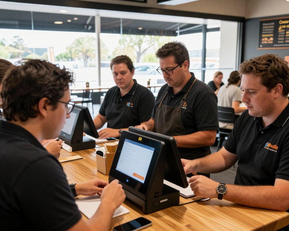 Restaurant team testing a new software system