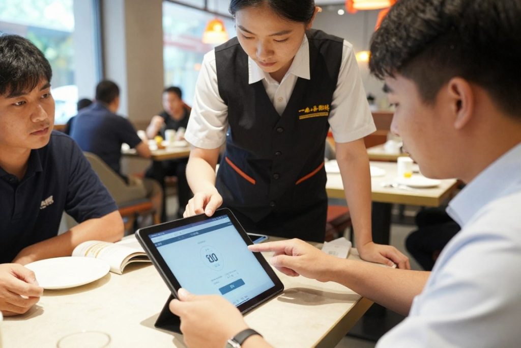 Restaurant team testing new software during trial period