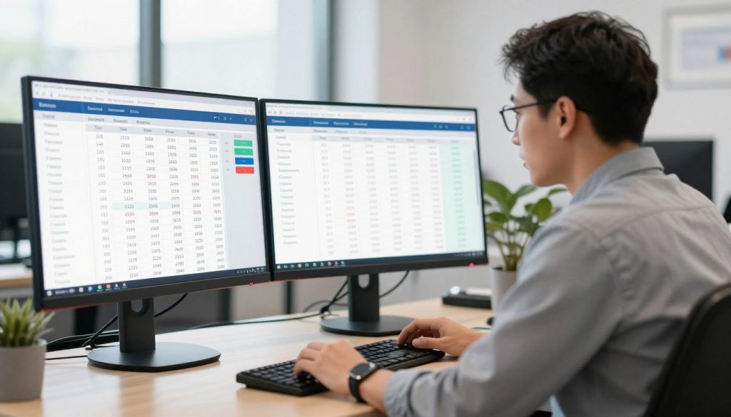 Revenue manager analysing pricing strategy on multiple screens