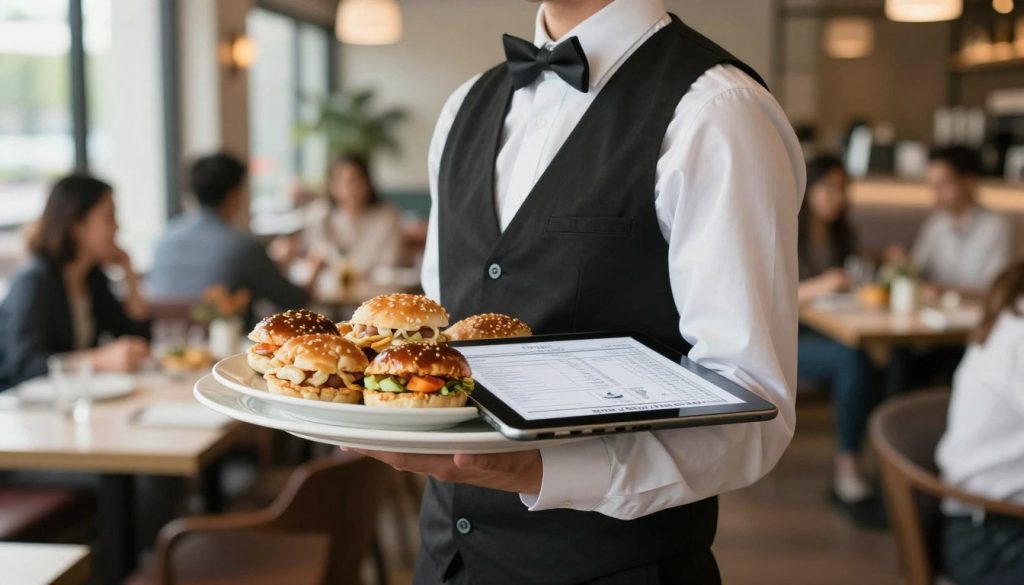 Server delivering food with tablet showing digital order in busy restaurant