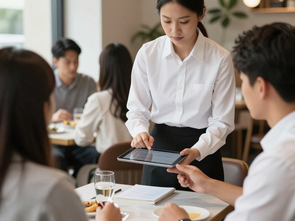 Server taking orders on mobile tablet at restaurant table