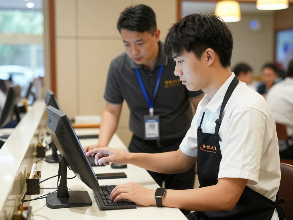 Staff member practicing on new POS system during training